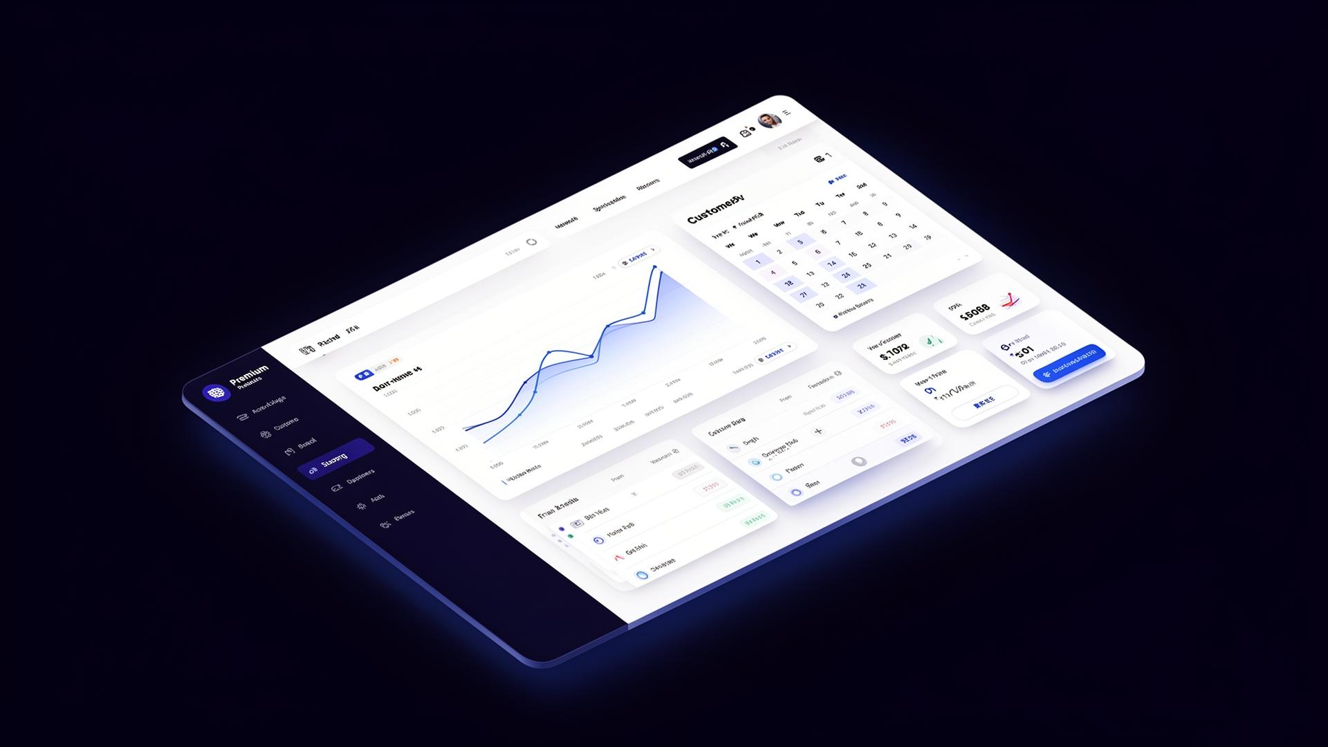 Business analytics dashboard with scheduling calendar and revenue charts